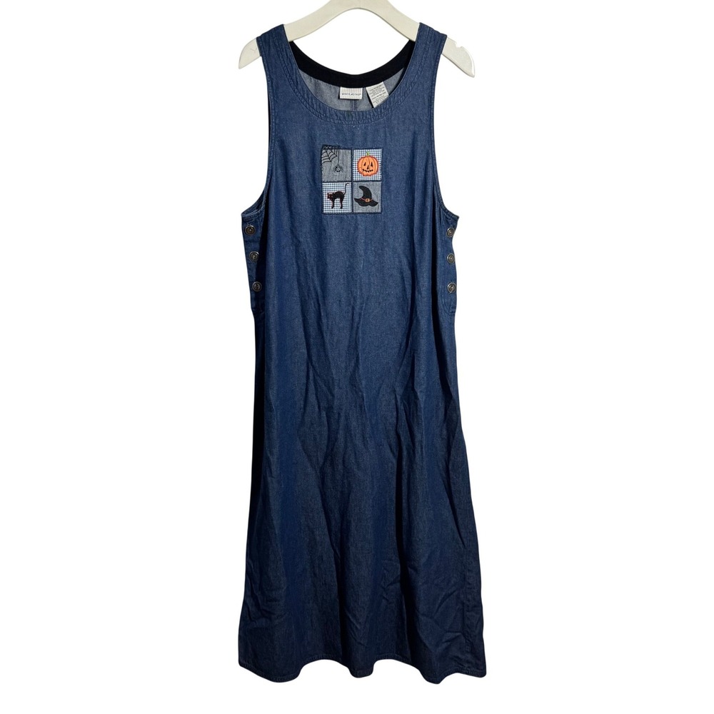 White Stag Halloween Denim Jumper Dress Womens Medium Blue Embroidered Cat